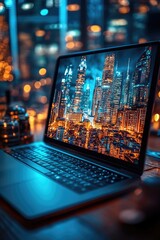 Poster - a laptop computer sitting on a wooden desk