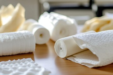 Poster - A stack of white towels resting on a wooden table, perfect for use in bathroom or kitchen settings