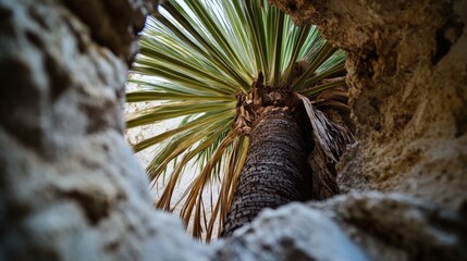 Poster - A palm tree viewed through a natural opening in a rock, potential use for travel or adventure photography