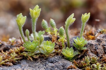 Poster - Close-up of a plant emerging from a rocky surface, great for environmental or nature-themed designs