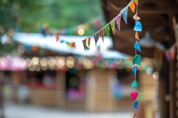 Aufkleber - Colorful paper tassels hanging from a building, perfect for festivals, celebrations or party decorations