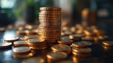 Poster - Stack of coins on wooden table with no background distractions