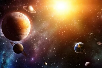 Poster - Group of planets against sunny blue sky, ideal for astronomy or space-themed illustrations
