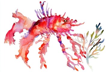 Poster - a watercolor painting of a single red fish swimming in a white background, great for use in designs 