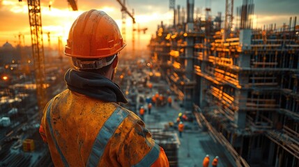 Poster - A construction worker stands in front of a busy construction site, with tools and equipment nearby