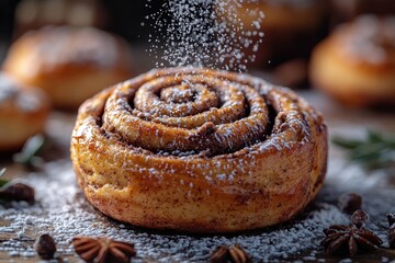 Wall Mural - Freshly baked cinnamon roll topped with a generous amount of powdered sugar, perfect for breakfast or snack