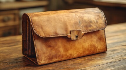 Poster - A brown leather bag sits on top of a wooden table, ready to be used