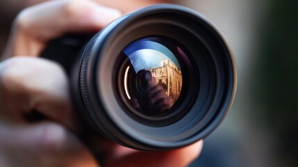 Poster - A person holding a camera, suitable for use in articles about photography or as a representation of creativity