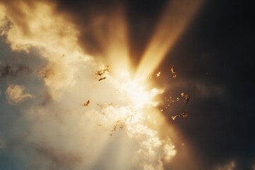Poster - A group of birds soaring through a cloudy sky, great for use in backgrounds or illustrations