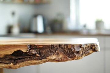 Poster - A close-up shot of a wooden table in a kitchen setting