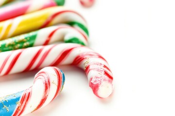 Poster - A close-up shot of colorful candy canes on a white background, perfect for holiday-themed projects and designs