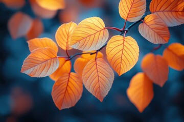 Poster - A close-up view of a branch featuring vibrant orange leaves, ideal for use in nature-inspired designs or as a symbol of autumn