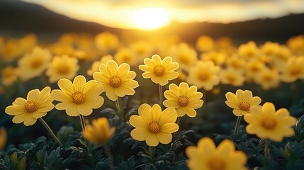 Poster - A field of yellow flowers with the sun setting behind, great for nature or outdoor themed projects