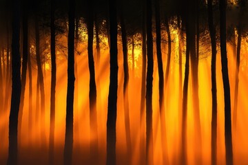 Canvas Print - Bright sunlight illuminates a dense forest with towering trees, highlighting their natural beauty