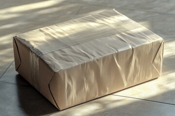 Aufkleber - A simple cardboard box sits on a tile floor