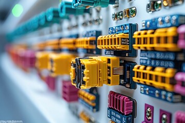 Poster - a close-up shot of a bunch of wires on a wall, suitable for use in technical or industrial settings