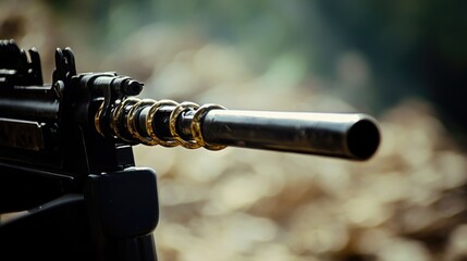 Poster - A close-up view of a machine gun on a stand, suitable for military or warfare themed projects