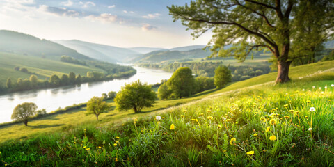 Aufkleber - Beautiful spring sunny landscape with river and tree in hilly area with soft selective focus.