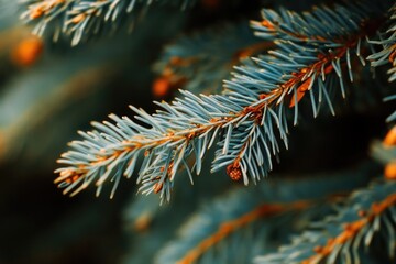 Poster - A detailed view of a pine tree branch with needles and cones, suitable for nature or outdoors-themed designs