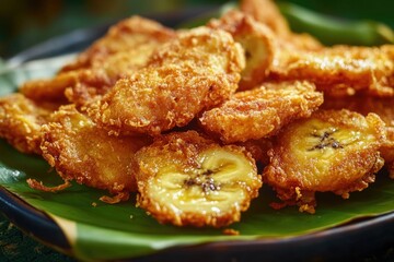 Aufkleber - A plate of crispy fried bananas served on a natural banana leaf, perfect for food photography or tropical-themed designs