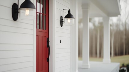 Aufkleber - A white house with a red door and two lights, a simple and clean design