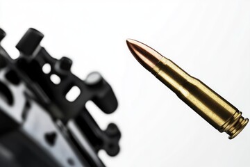 Poster - A close-up view of a single bullet on a machine gun