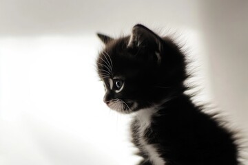 Poster - A small black kitten sits on top of a table, looking up