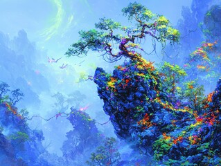 Wall Mural - a mystical floating forest of colossal bioluminescent trees, their branches extending into a swirlin