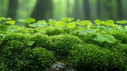 Wall Mural - Lush green moss and clover plants with dew drops in a forest.