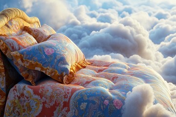 Aufkleber - A cozy bed floating in a cloudy sky