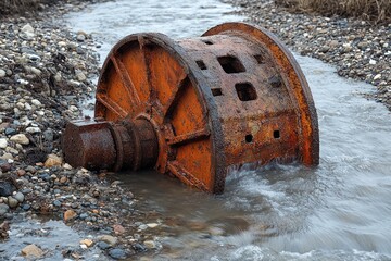 Aufkleber - An abandoned water wheel sits in the middle of a river, surrounded by nature