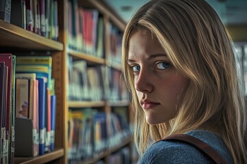 Poster - a woman standing in front of a bookshelf in a library, ideal for educational or research settings