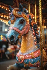 Poster - A close-up of a horse's face as it runs on a colorful carousel