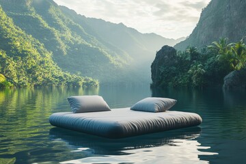 Poster - A floating bed surrounded by calm waters, ideal for relaxation and romantic getaway