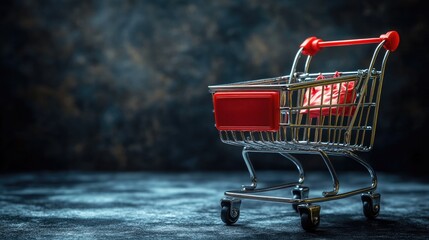 Poster - A small shopping cart with a red box containing unknown items, ideal for commercial or everyday use scenes
