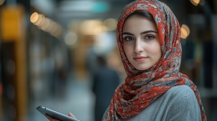 Poster - A woman looks at her cell phone with a headscarf on, possibly during outdoor activities