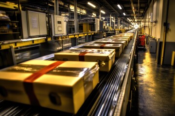 Poster - Conveyor belt carrying various sized boxes, industrial setting