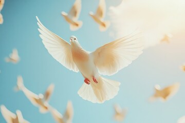 Poster - A white dove in flight with its wings spread, perfect for symbolism or nature scenes