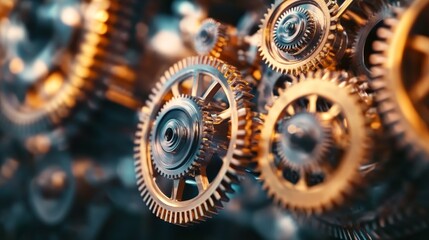 Poster - Close Up, Interlocking Metal Gears Illustrating Complex Machinery Components in Motion