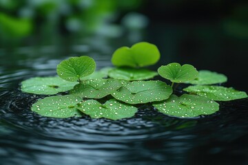 Poster - A natural scene with green leaves floating on the surface of calm water
