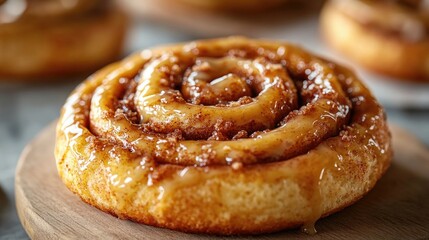 Poster - Close-up shot of a pastry on a wooden board, perfect for food or still life photography