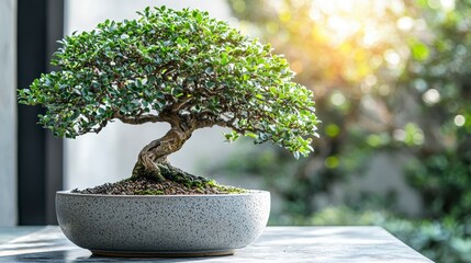 Wall Mural - Miniature bonsai tree in a pot, sunlight.