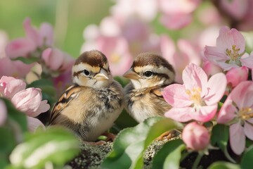 Aufkleber - Two small birds perched on the edge of a tree branch, looking out into the distance