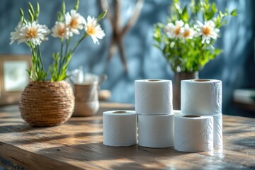 Poster - Stacked rolls of toilet paper on a table, ready for use