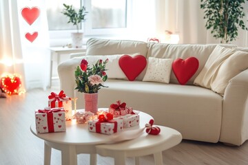 Aufkleber - A warm and inviting living room decorated with red and white elements