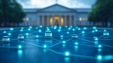 Poster - Government Network Security: Futuristic depiction of a secure government network, visualized as glowing nodes interconnected by lines of light, with a classical government building in the background.