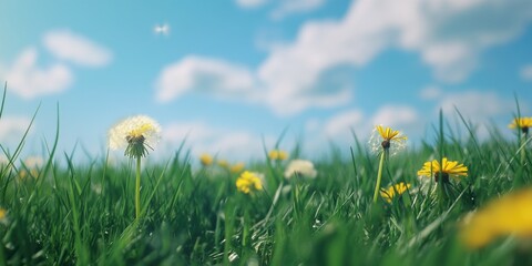 Poster - A bright and sunny day with a lush field of yellow flowers and a clear blue sky