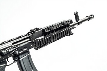 Poster - A machine gun sits on a white background, ready to use