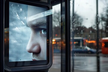 Aufkleber - A picture of a man's face displayed on a bus window, ideal for use in designs related to transportation or urban life