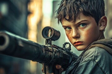 Poster - A young boy holds a rifle and looks directly at the camera